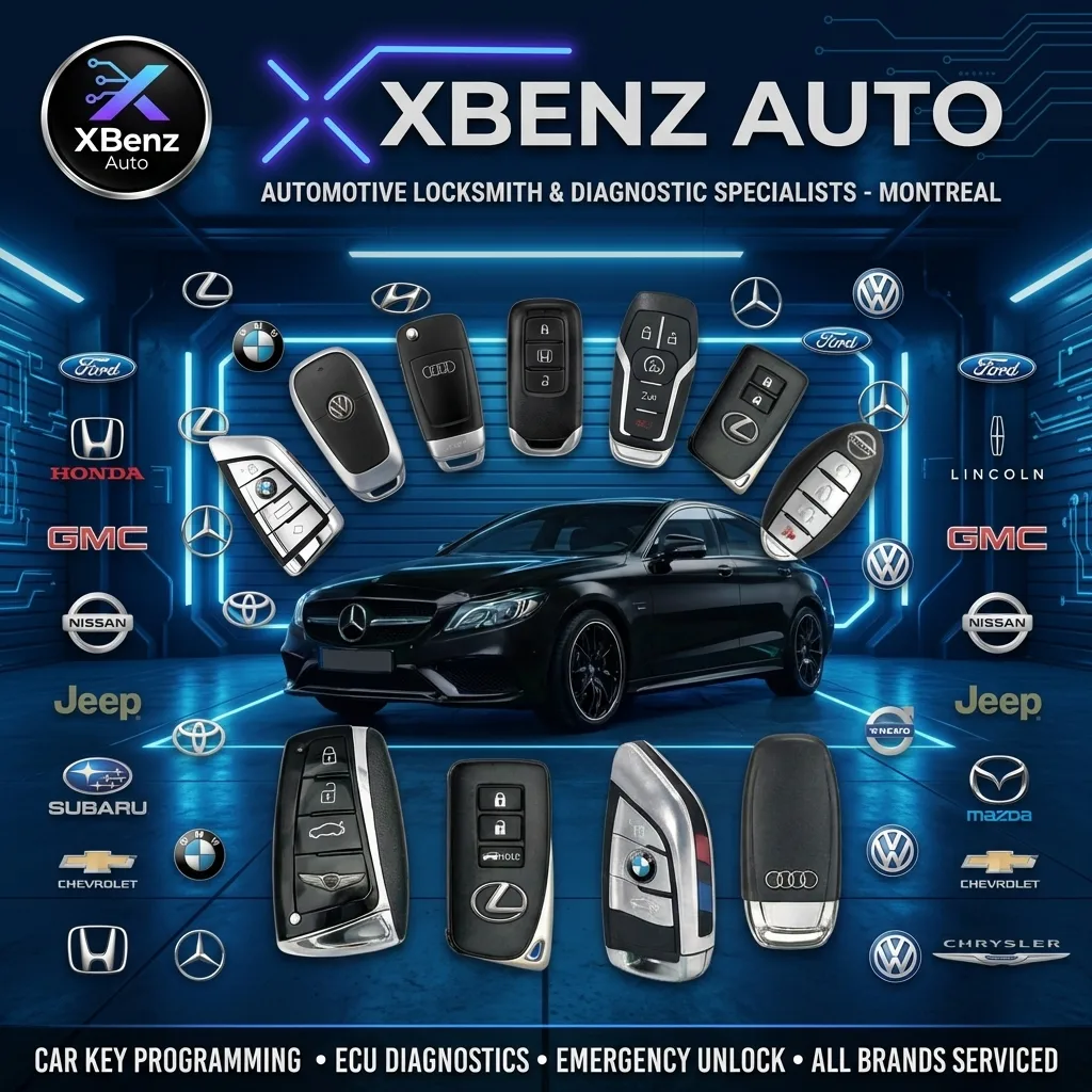 XBenz Auto à Montréal offrant programmation de clés, diagnostic ECU et services d’urgence pour toutes marques de véhicules.